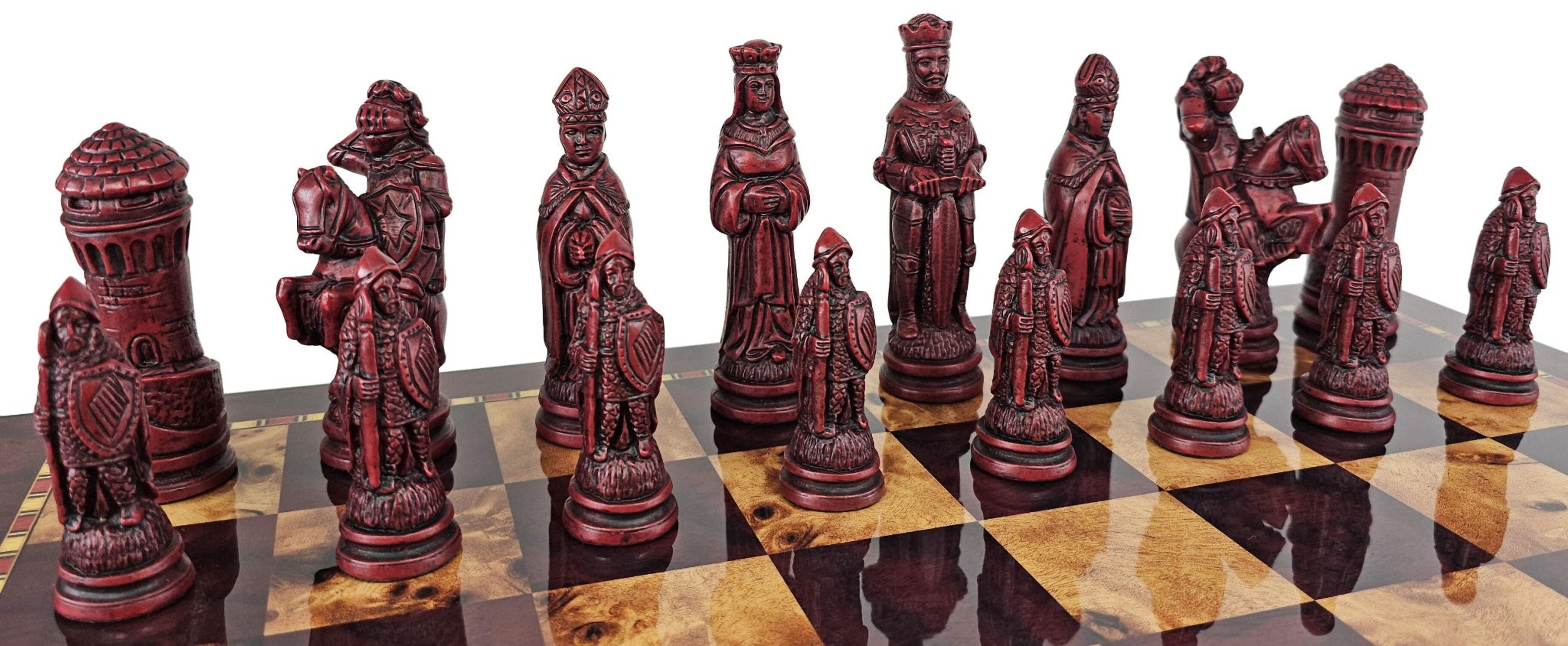 LARGE Medieval Times King Arthur Camelot Chess Set 20"Cherry Color Storage Board