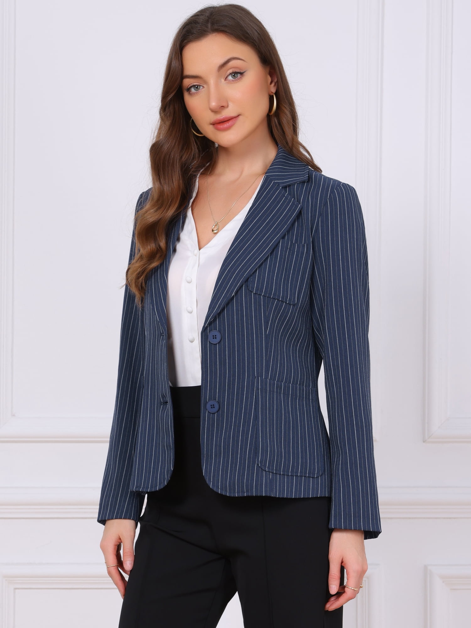 DARING DIVA Women's Pinstripe Blazers Long Sleeve Jacket XL Navy Blue Stripes