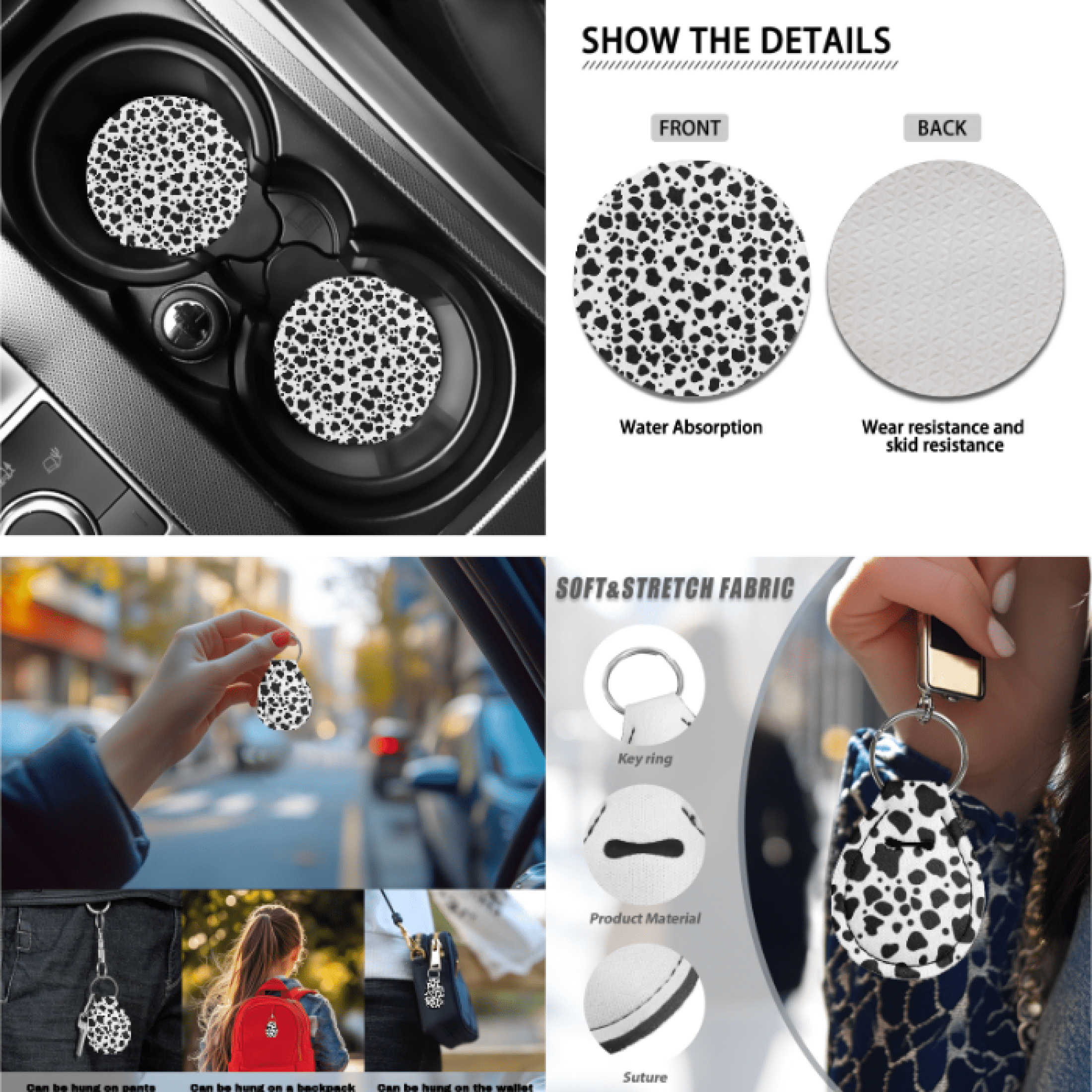 Binienty Black and White Spots Car Seat Cover Full Set, with Keychain Key Ring Car Front Rear Seat Covers Cup Holder Coasters Steering Wheel Cover