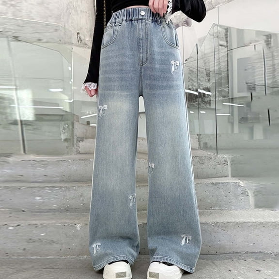 YMNXA Big Kids Girls Jeans With Pockets Wide Leg Bow Embroidery Elastic Waist Fashion Comfortable Denim Pants For Daily Wear Blue 6-7 Years