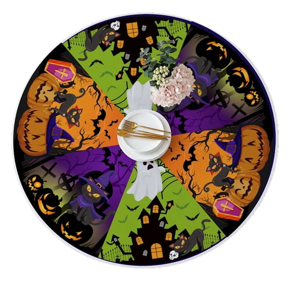 Halloween Round Tablecloth, Halloween Printed Elastic Fleece, 1 Piece 70.9 Inch Diameter, Waterproof Stain Resistant Table Cover for Halloween Party Home Dining Room Indoor Outdoor Holiday Decoration