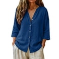 thumbnail image 5 of Women's Casual V Neck Button 3/4 Sleeve Linen Blouse Loose Fit Solid Color Tops for Summer, 5 of 6