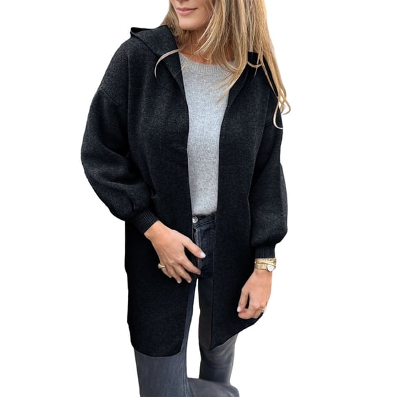 Womens Long Cardigan Cable Knitted Open Front Oversized Hooded Outerwear Coat Black XXL