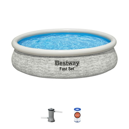 Open Box Bestway Fast Set 12' x 30" Inflatable Stacked Stone Swimming Pool Set