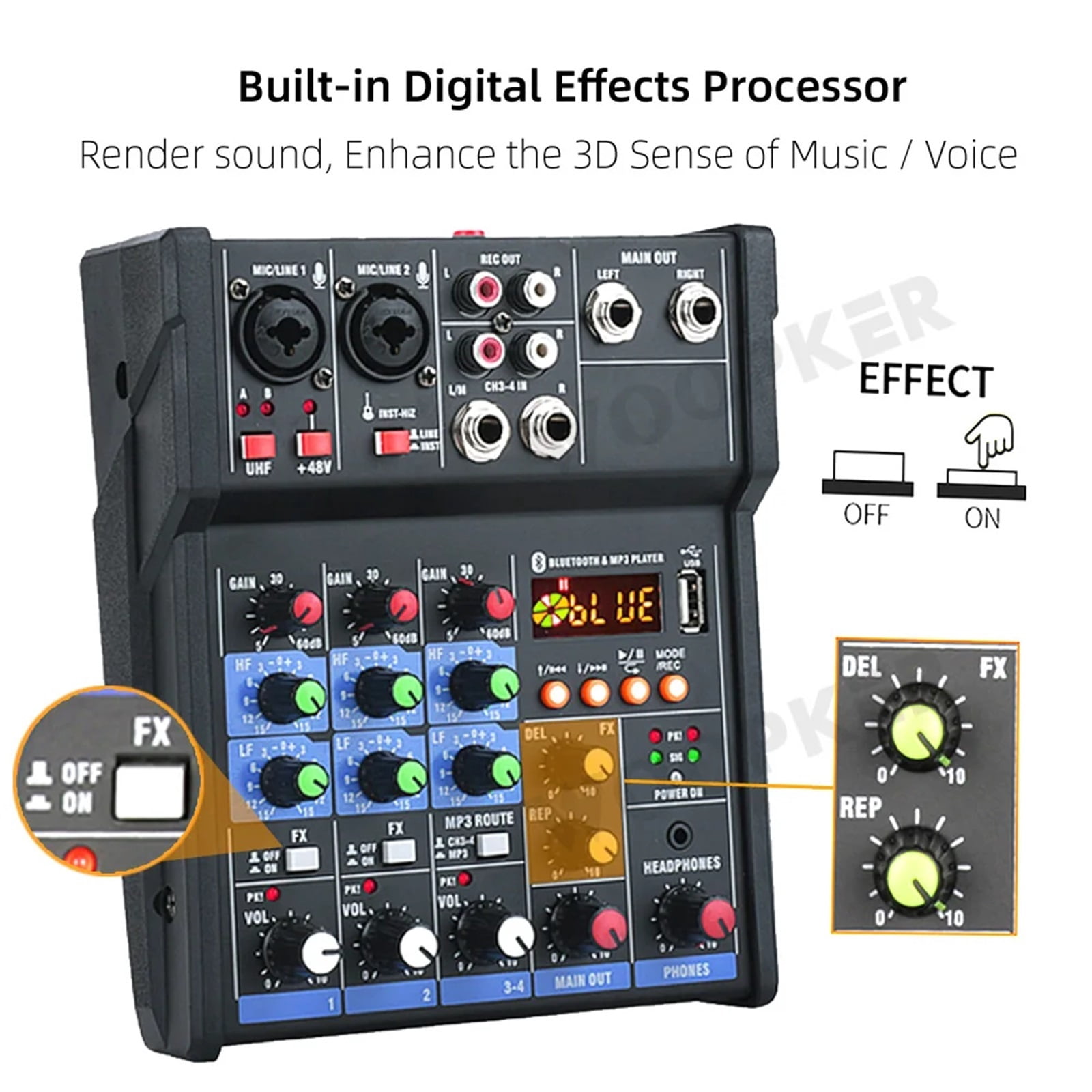 Woopker 4-Channel Audio Mixer Console with Wireless Microphone Sound Mixing USB input DJ Mixer ,Precision Control