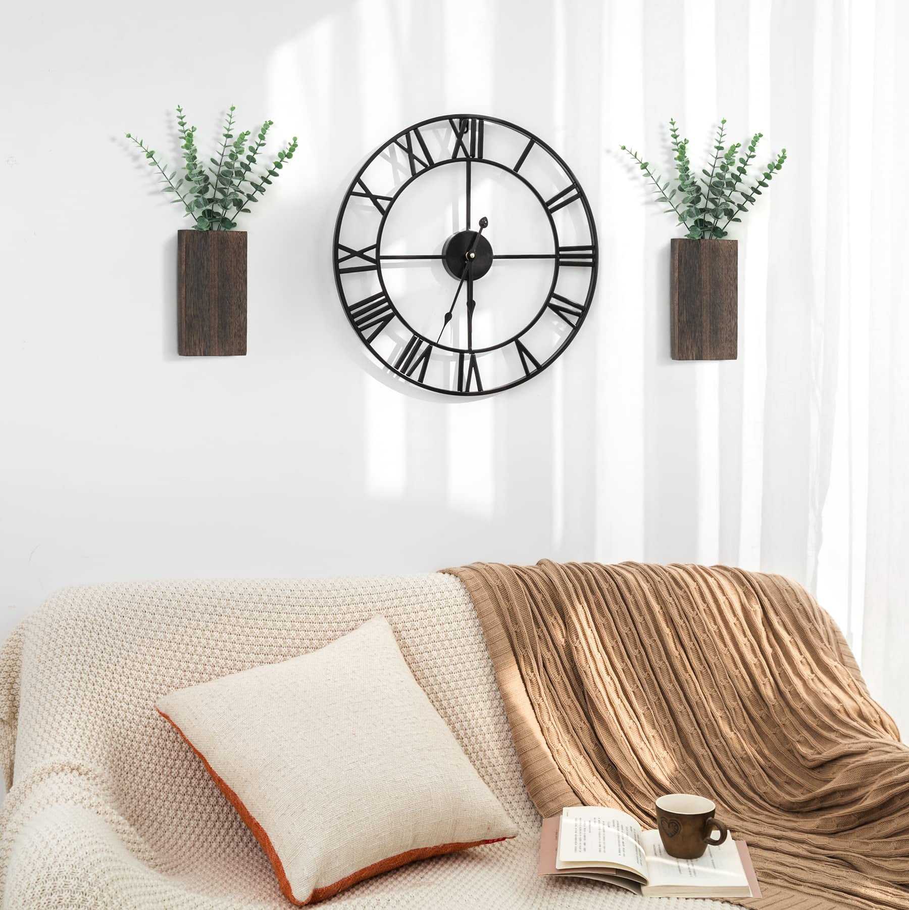 2 Pack Wood Wall Planter Vase with Artificial Eucalyptus Farmhouse Wall Hanging Decor Pocket Planter for Indoor Fake Plants Greenery Flowers, Livingroom Bedroom Kitchen Home Office Decoration, Brown