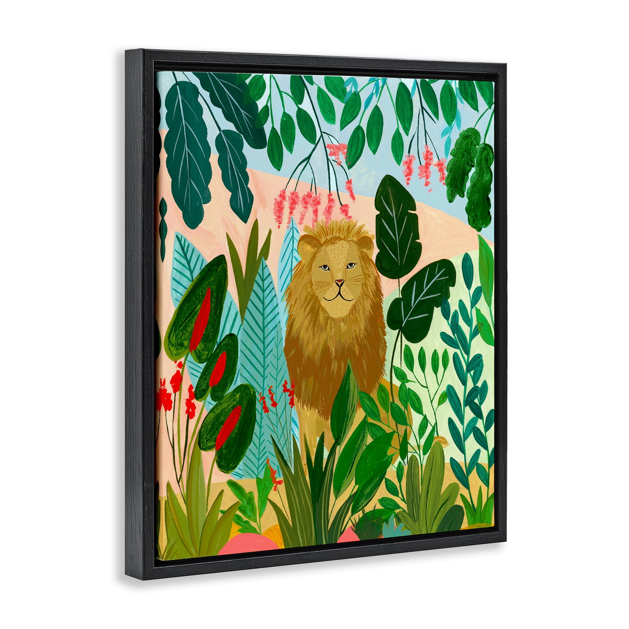 Stoic Lion Tropical Forest Black Framed Floater Canvas Wall Art, design by Nabeela Rumi