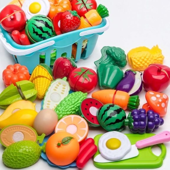miiqii Cutting Play Food Toy for Kids Kitchen, Pretend Fruit &Vegetables Accessories with Shopping Storage Basket, Plastic Mini Dishes and Knife, Educational Toy for Toddler Children Birthday Gift