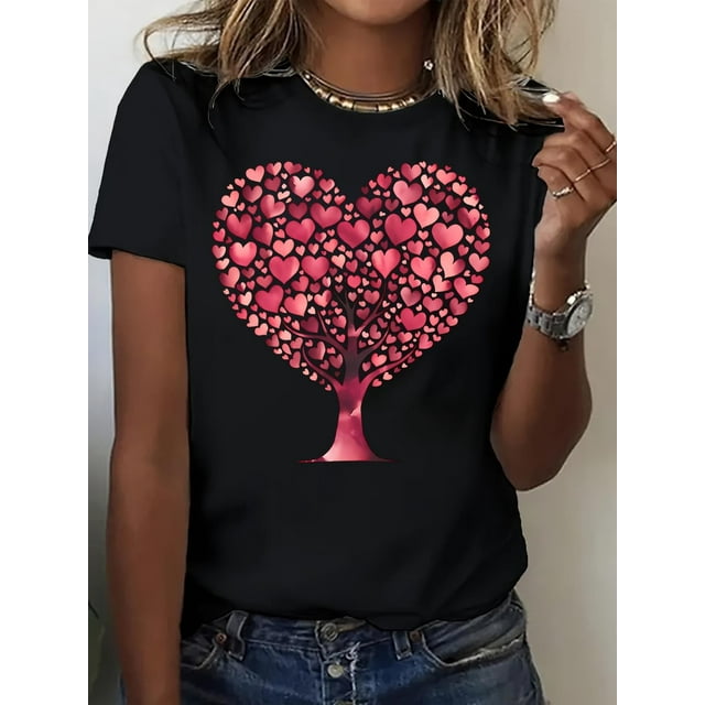 Camiseta estampada de San Valentín con corazones y árbol para mujer: top negro transpirable y elegante para todas las estaciones con diseño de corazones rosas y rojos, cuello redondo para adultos, hom
