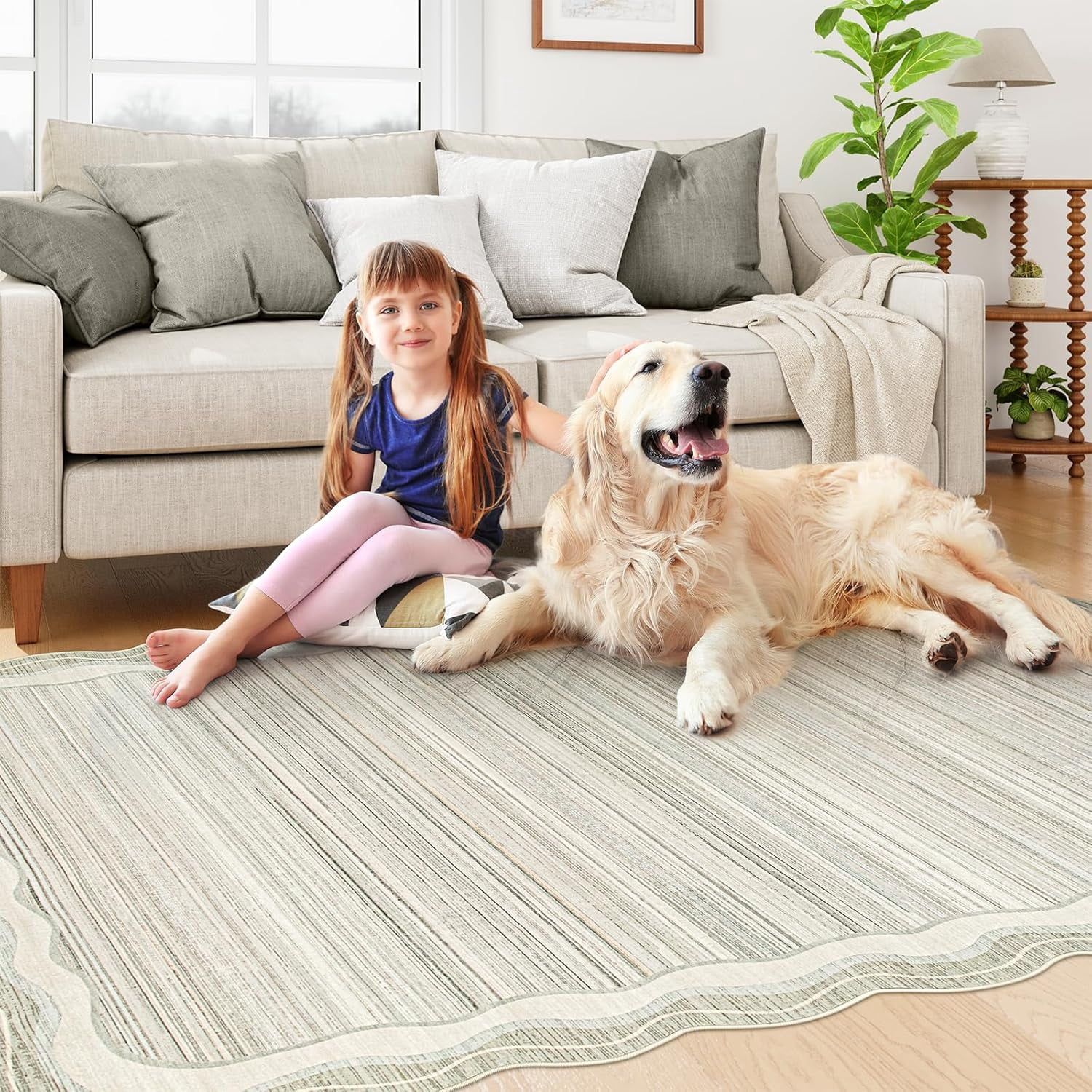 Wonnitar 2.6'x8' Scalloped Striped Hallway Runner Rug, Washable Kitchen Runner Rug, Soft Low Pile Beige Indoor Accent Rug for Entryway, Bathroom, Bedroom, Laundry