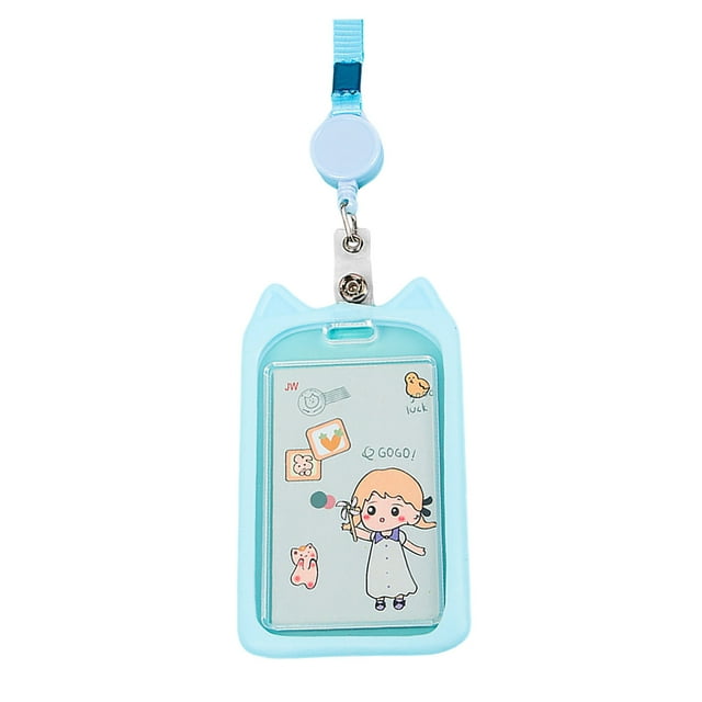 Adjustable Cat Ear ID Badge Holder with Retractable Lanyard Cute Cartoon Animal Name Card Protector Clear Vertical Cover