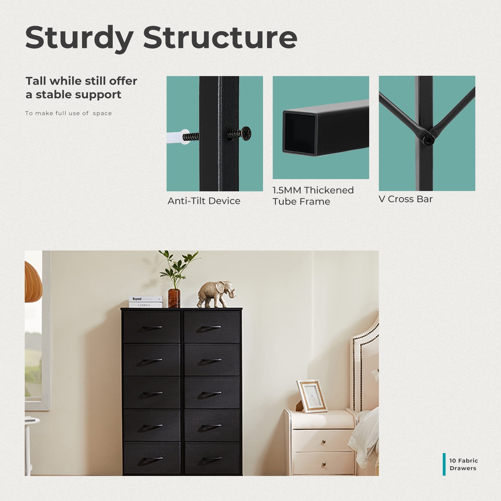MAYEERTY 10 Drawer Dresser ,Fabric Storage Dressers for Versatile Storage in Living Rooms, Black