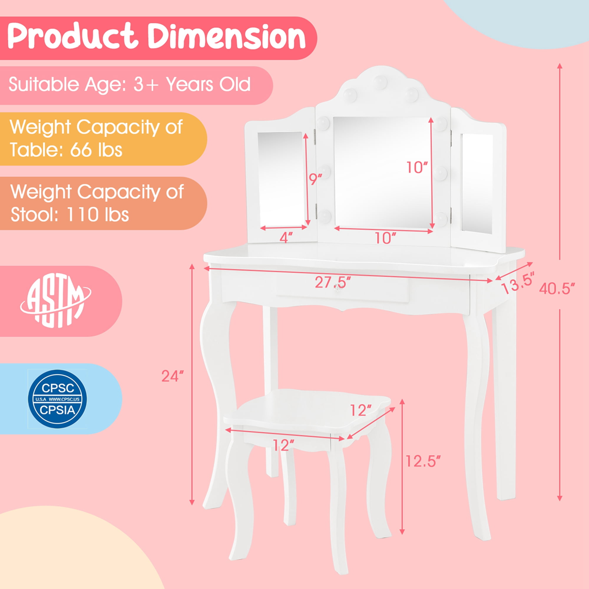 Costway Kid Vanity Table Stool Set Tri-Folding Mirror Adjustable 3-Color LED Light White