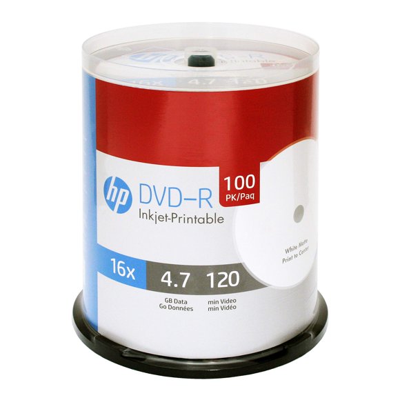 DVD-R, 4,7 GB, 16X, impresión por inyección de tinta blanca, paquete de 100 unidades HP