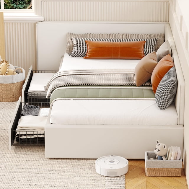 Twin Daybed with 2 Storage Drawers, Corner Bed Frame with Extended headboard and Bed Rails, Velvet Upholstered Sofa Bed with Guardrail for Bedroom, Guest Room, Light Grey