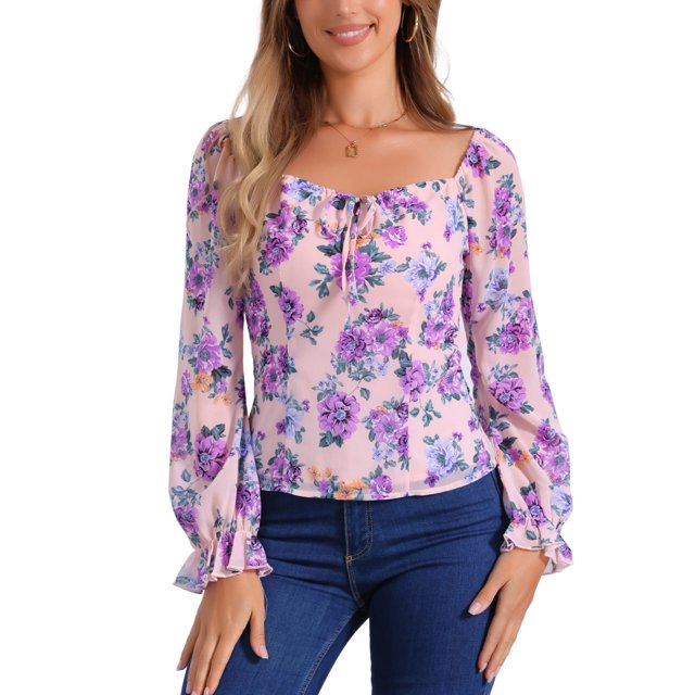 INSPIRAR CHIC Blusa Elegante de Manga Larga con Cuello Cuadrado y Fruncido Floral para Mujeres XS Rosa