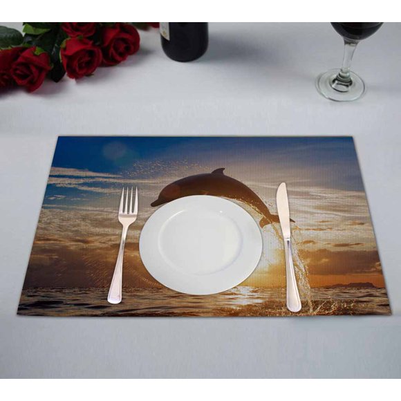 YUSDECOR dolphin leaping jumping shining sunset sea water Kitchen Dining Table Mats Placemats Size 12x18 Inches, Set of 2 Pieces