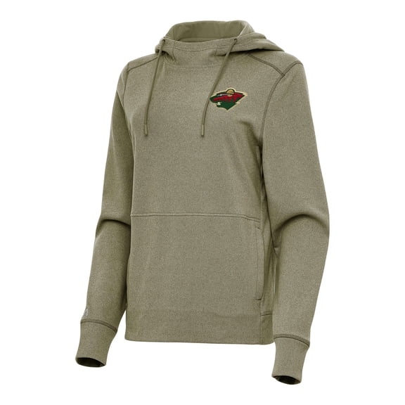 Women's Antigua Heather Olive Minnesota Wild Justice Pullover Hoodie
