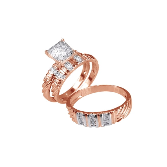 AFFY White Natural Diamond Trio Wedding Bridal Ring Set In 14k Rose Gold (0.5 Cttw)