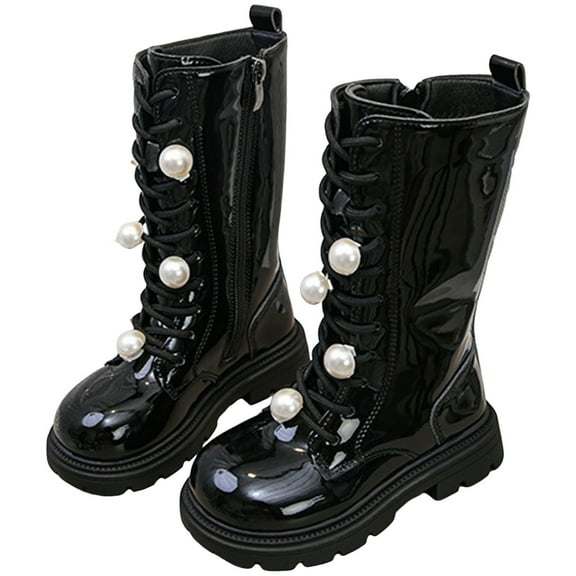 Girls Pearl Lace up Riding Boots Round Toe Chunky Lug Sole Waterproof Leather Mid Calf Combat Booties
