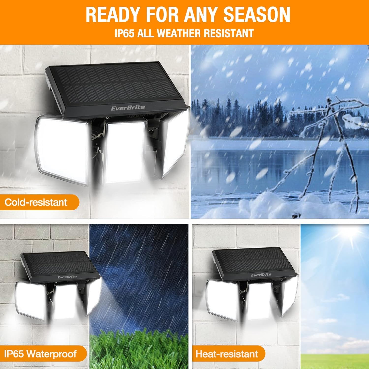 EverBrite 2 Pack Solar Outdoor Lights, Solar Motion Sensor Lights, 3 Heads Security LED Flood Light, Wall Light for Yard Patio Garden Pathway Porch
