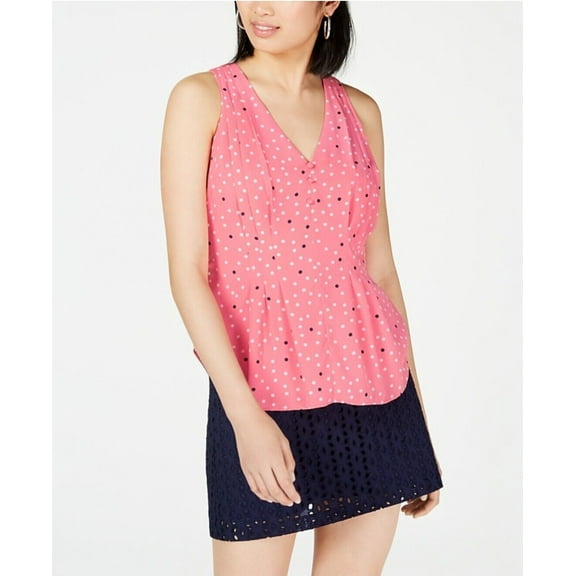 Maison Jules Women's Printed V-Neck Sleeveless Top Pink Dots Zip Size 2XL