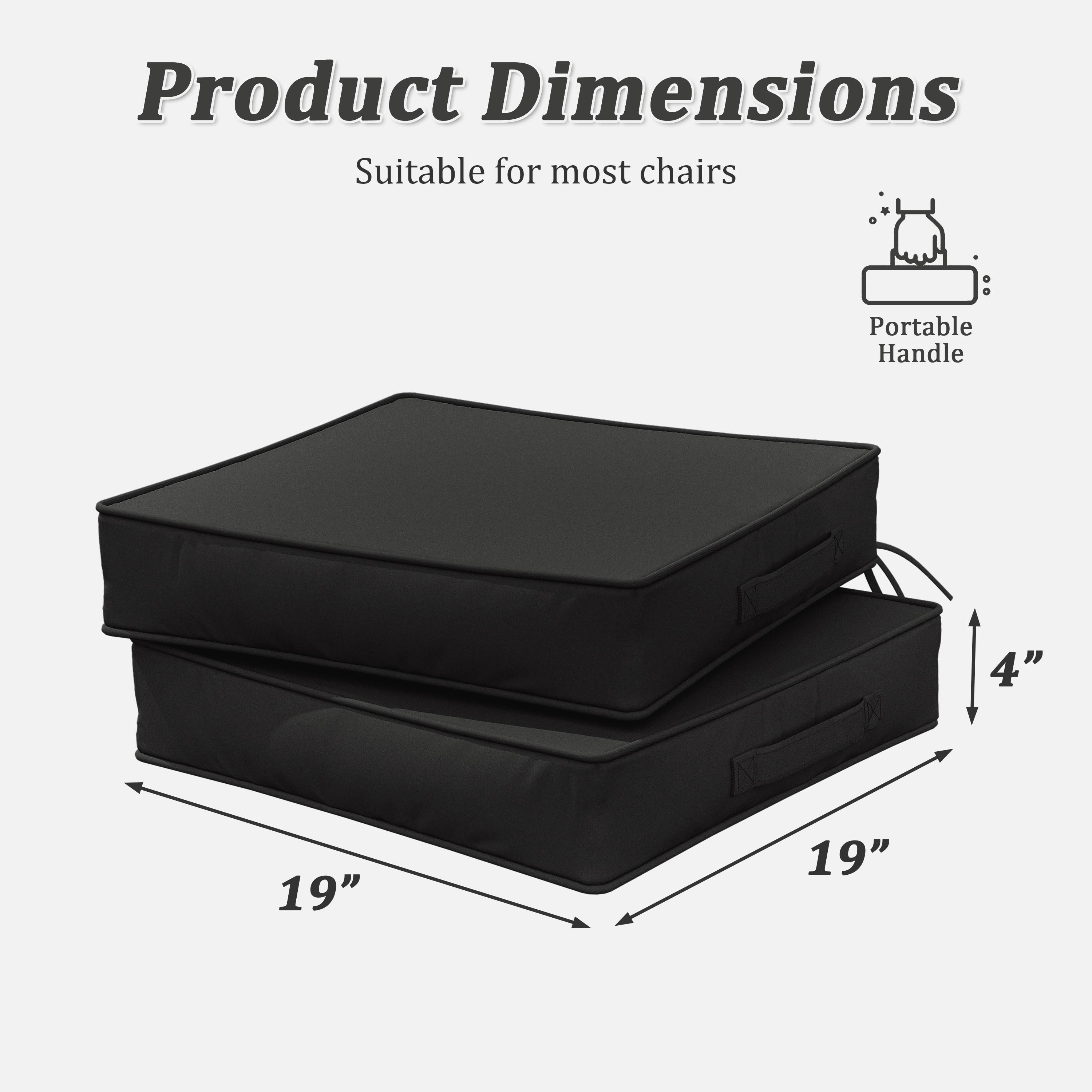 Pakunoda Outdoor Chair Cushions 19 X 19 X 4 Inch, 2-Piece Patio Seat Pad Cushions, Waterproof Outdoor Seat Cushions Square Corner with Handle and Ties, Black