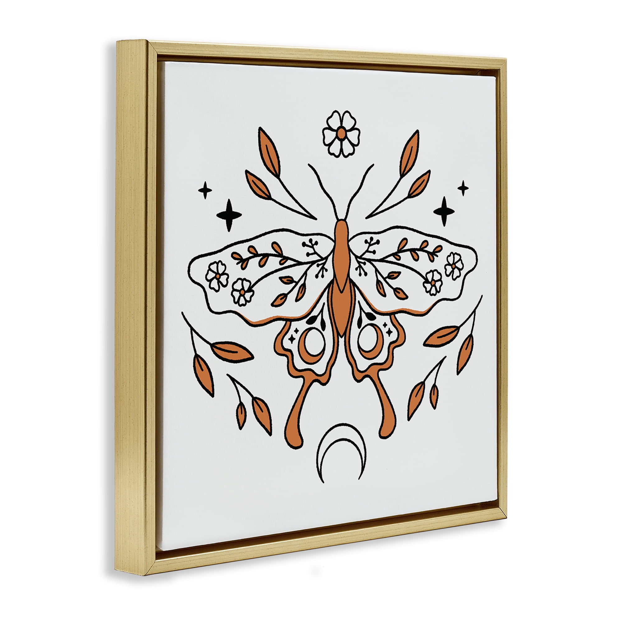Stupell Industries Celestial Floral Moth Animals Painting Gold Floater Framed Canvas Art Print Wall Art, 25 x 25