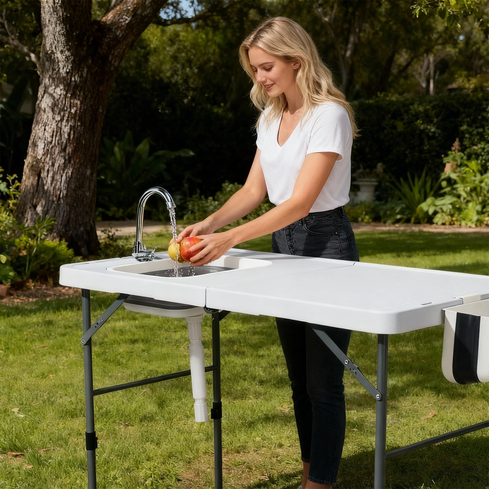 50" Folding Fish Cleaning Table with Sink, Bi-Folding Portable Camping Sink Station with Drain Hose, Trash Can, Foldable Outdoor Sink for Camping, Fishing, BBQ