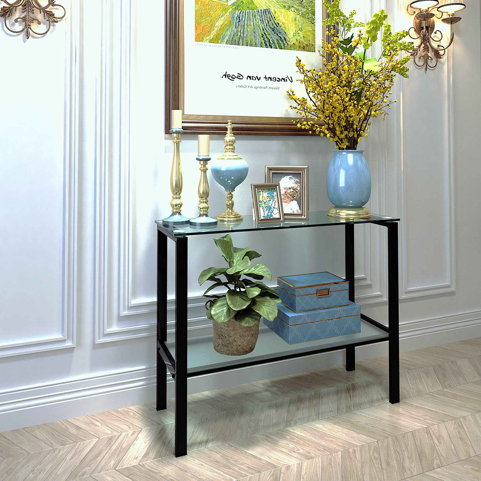 Resenkos Clear Tempered Glass Metal Frame Console Table with Shelves, Modern Entryway Table for Living Room, Hallway Resenkos Clear Tempered Glass Metal Frame Console Table with Shelves, Modern Entryway Table for Living Room, Hallway