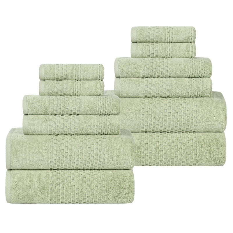 Superior Playa Zero Twist Cotton Solid Waffle Textured 12 Piece Towel Set, Green