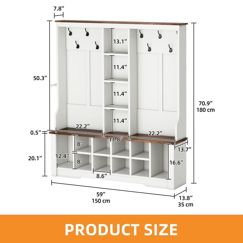 Uforic Large White Hall Tree with Shoe Storage, Coat Rack with Bench for Entryway, Adjustable Shelf