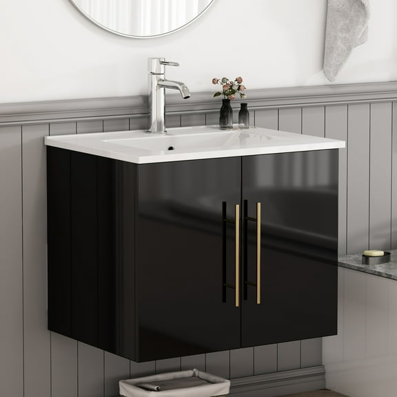 Censi 24 inch Wall-Mounted Bathroom Vanity with Sink Combo, Glossy Black Double Door Cabinet, Soft Close Hinges, Ceramic Basin & Gold Handle, Space-Saving for Small Bathroom​