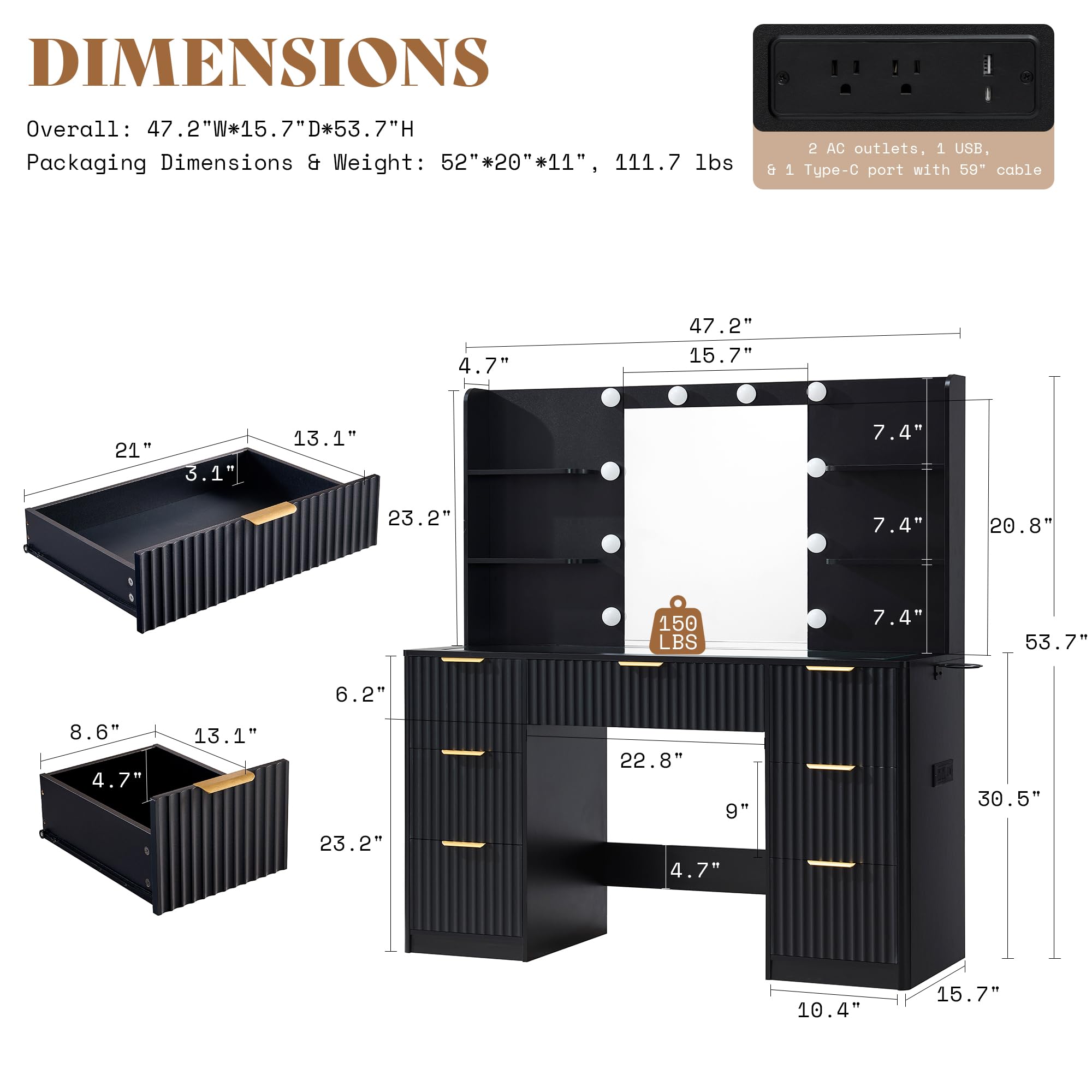 Merluxy 47.2" Girls Vanity Desk with Mirror and Adjustable LED Lights, 7 Drawers Makeup Table with Glass Top and Charging Station, Black