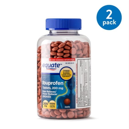 (2 pack) (2 Pack) Equate Pain Relief Ibuprofen Coated Tablets, 200 mg, 1000 Ct