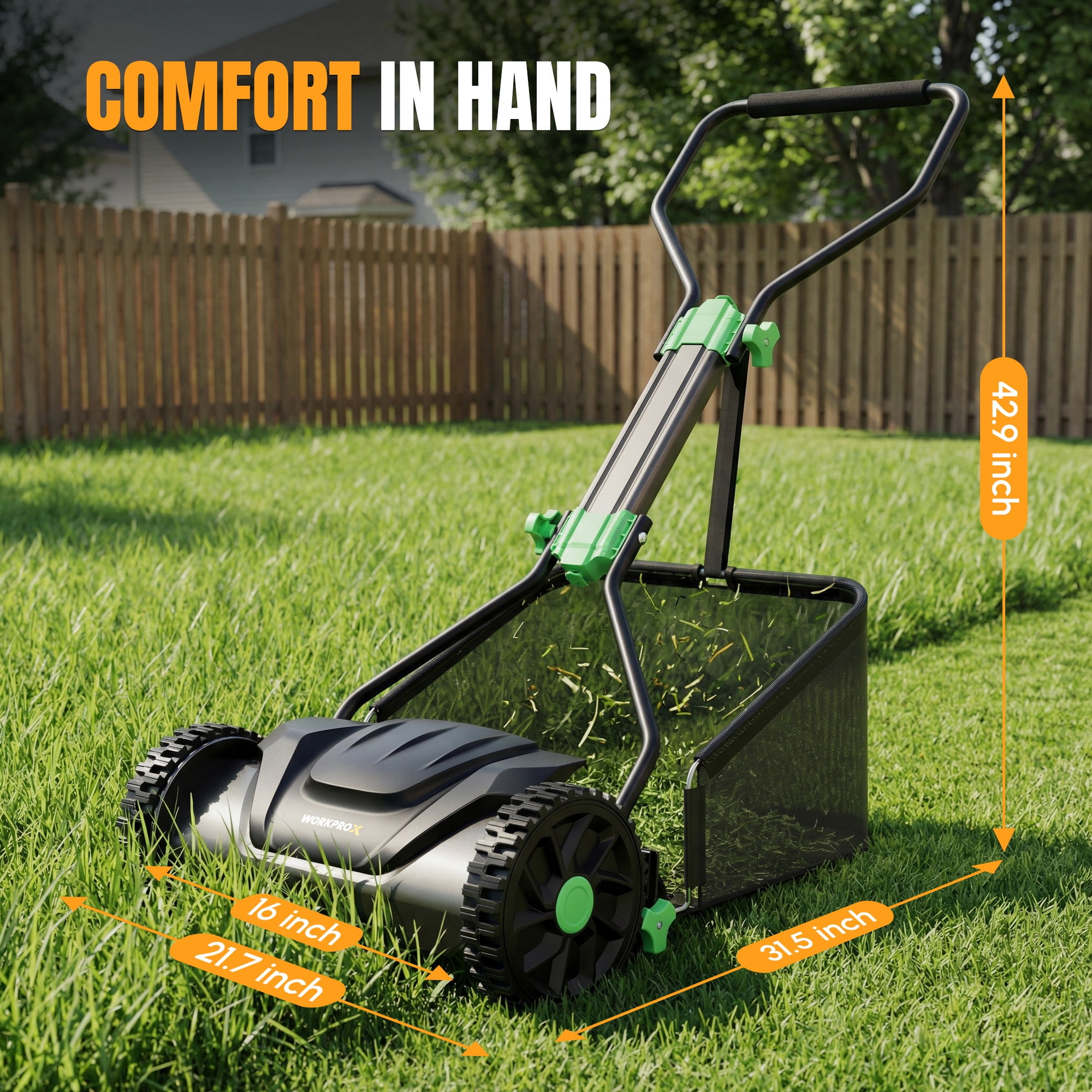 WORKPROX 16-inch Push Reel Lawn Mower, 5-Blade Manual Mower, Adjustable Height, 8-gallon Grass Catcher, for Lawn, Yard & Garden