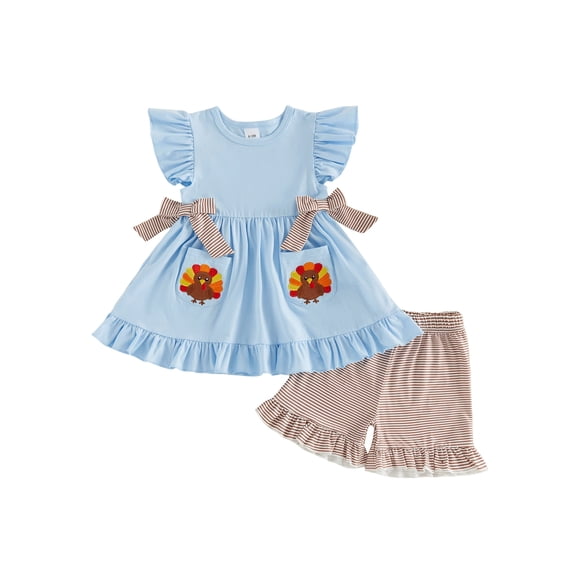 RUINIXCW Toddler Baby Girl Halloween Thanksgiving Outfit Infant Baby Girls Summer Fall Clothes Turkey Pumpkin Flying Sleeve Babydoll Shirt Tops and Shorts Set