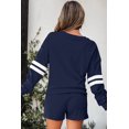 thumbnail image 2 of Women's Navy Blue Varsity Striped Sleeve Drop Shoulder Sweatshirt & Short Set – Casual Fall Outfit | L, 2 of 5