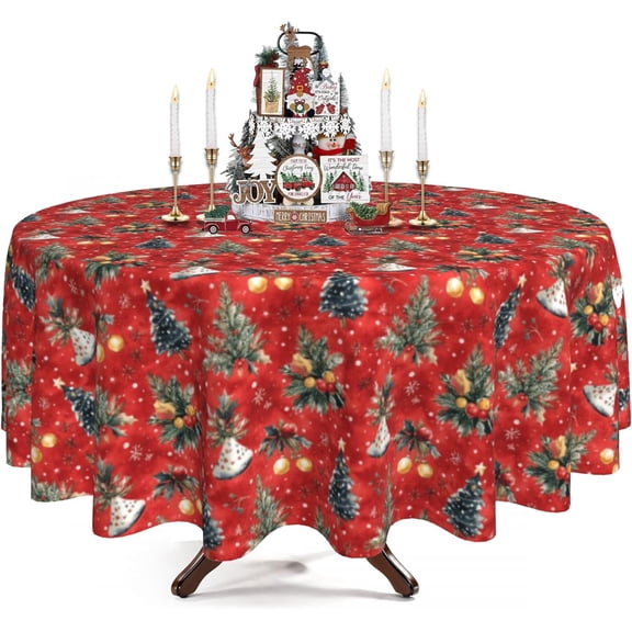 Christmas Round Tablecloth 60 Inch Christmas Tree Table Cover Waterproof Wipeable Table Cloth for Party Picnic Kitchen Home Decoration