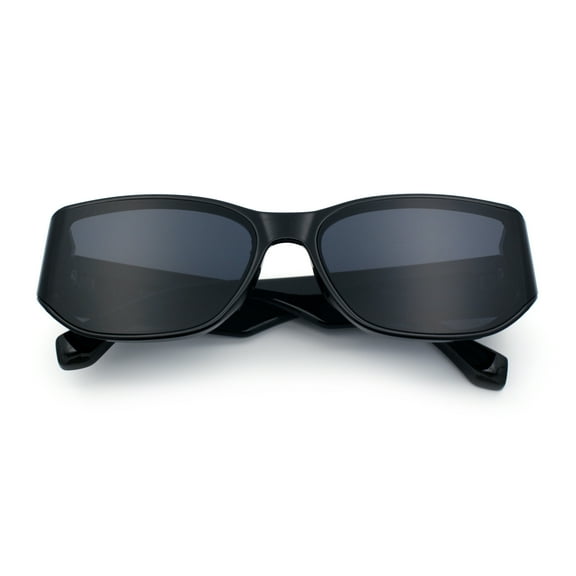 Curved Wrap Folded Lens Minimal Rectangular Retro Fashion Sunglasses All Black