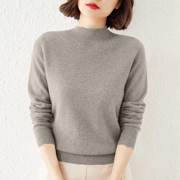 Hulanddfd Sweater Top Womens Solid Color Long Sleeve Mock Neck Casual Blouse Knit Office Daily Weekend