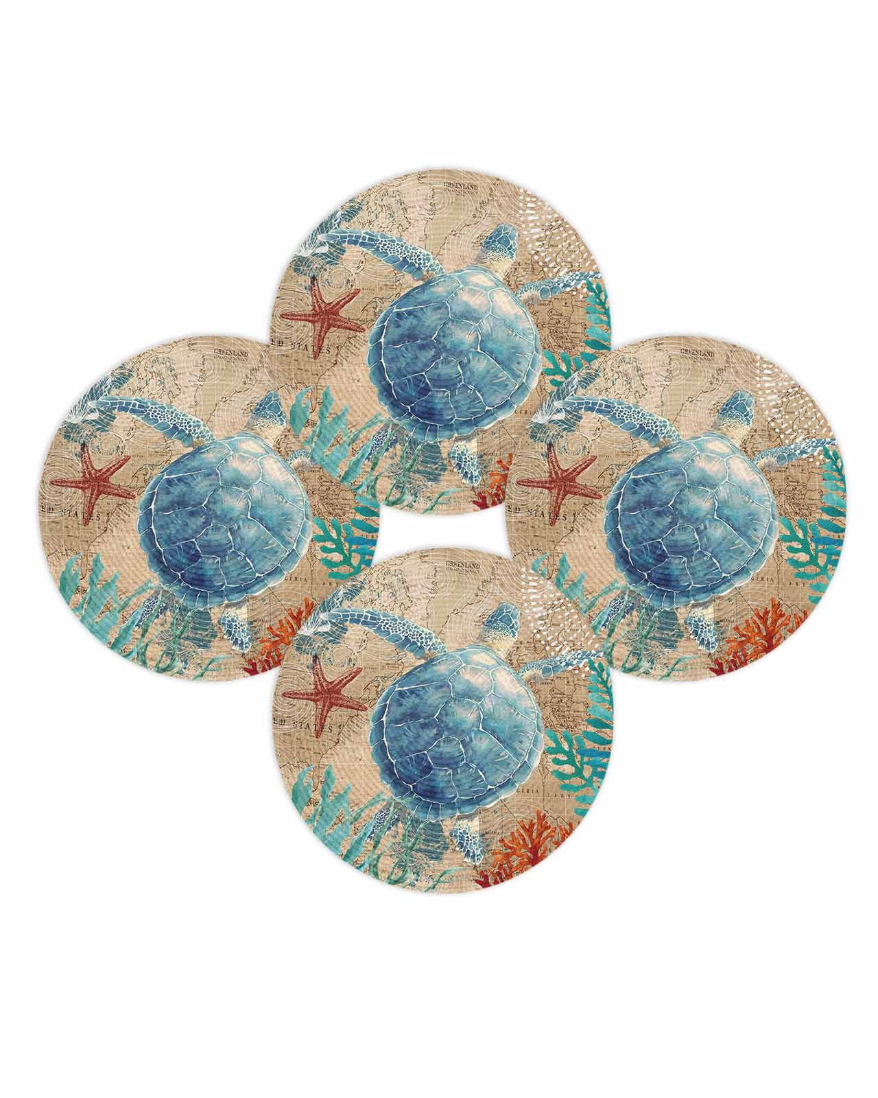 13 Inch Round Placemats Set of 4, Brown Sea Turtle Coastal Non Slip Heat Insulation PP Table Mats, Nautical Coral Ocean Vintage Washable Place Mats for Kitchen Dining Party Table Decor
