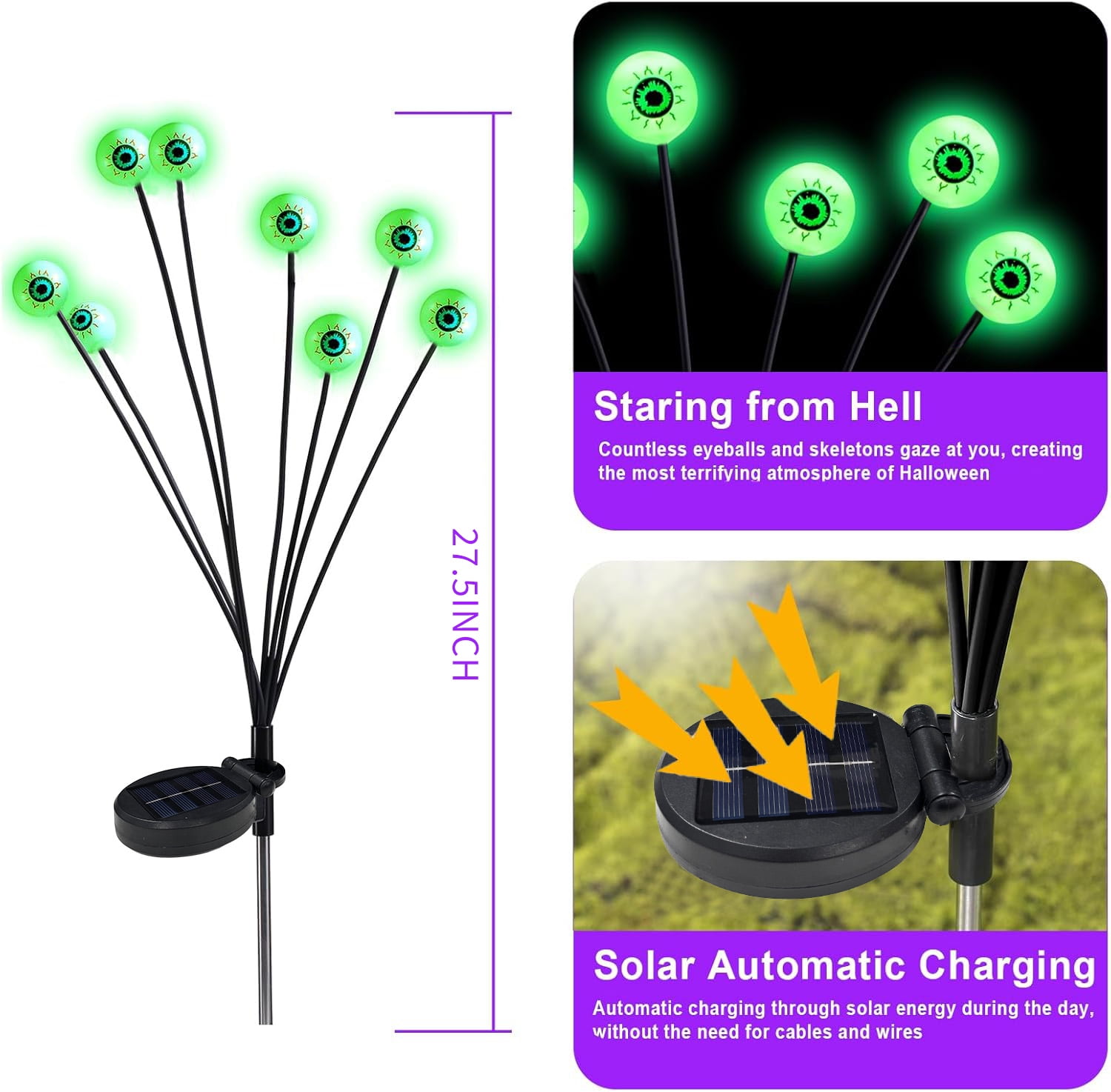 Inadays Halloween Decorations Outdoor Halloween Decor Solar Scary Eyeball Lights 2Pack 16LEDs Waterproof Green Eyeball Swaying Firefly Light With 2 Modes For Garden/Yard/Patio/Party Decor, Green