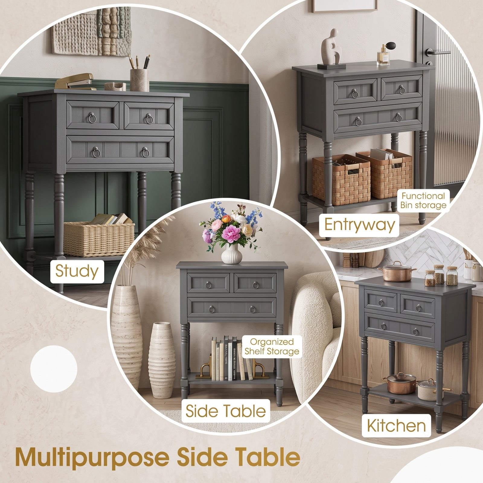 Furnibear Narrow Console Table with 3 Storage Drawers and Open Bottom Shelf and Turned Legs for Entryway and Hallway, Dark Gray