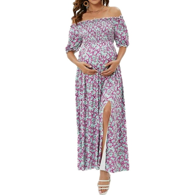 Wangsaura Robe de Maternité Femme Décontractée Couleur Unie/florale Épaules Dénudées Longue Robe pour Grossesse Vêtements Photoshoot