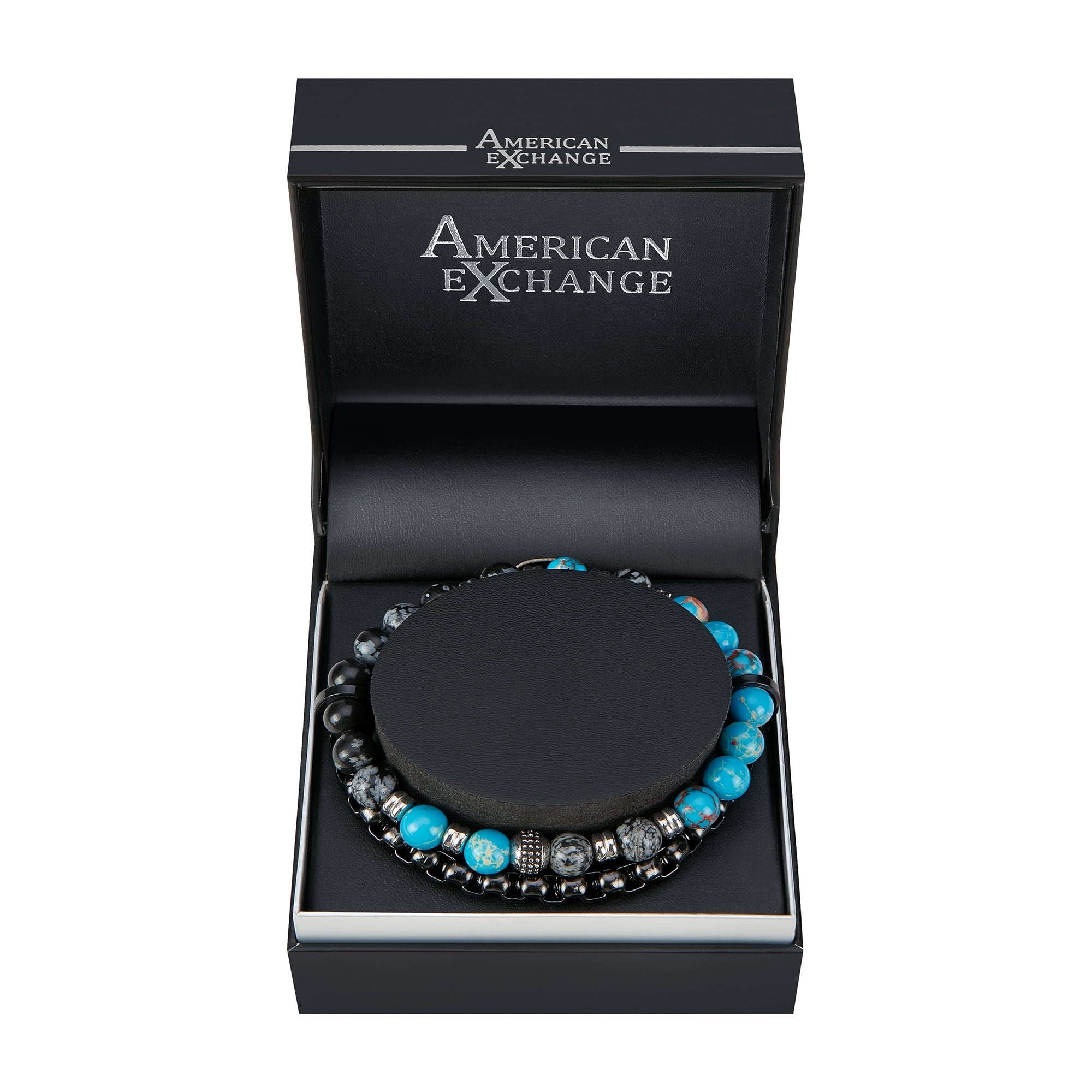 American Exchange 2 Piece Precious Stone/Alloy Light Blue Beads Stackable Bracelets for Men