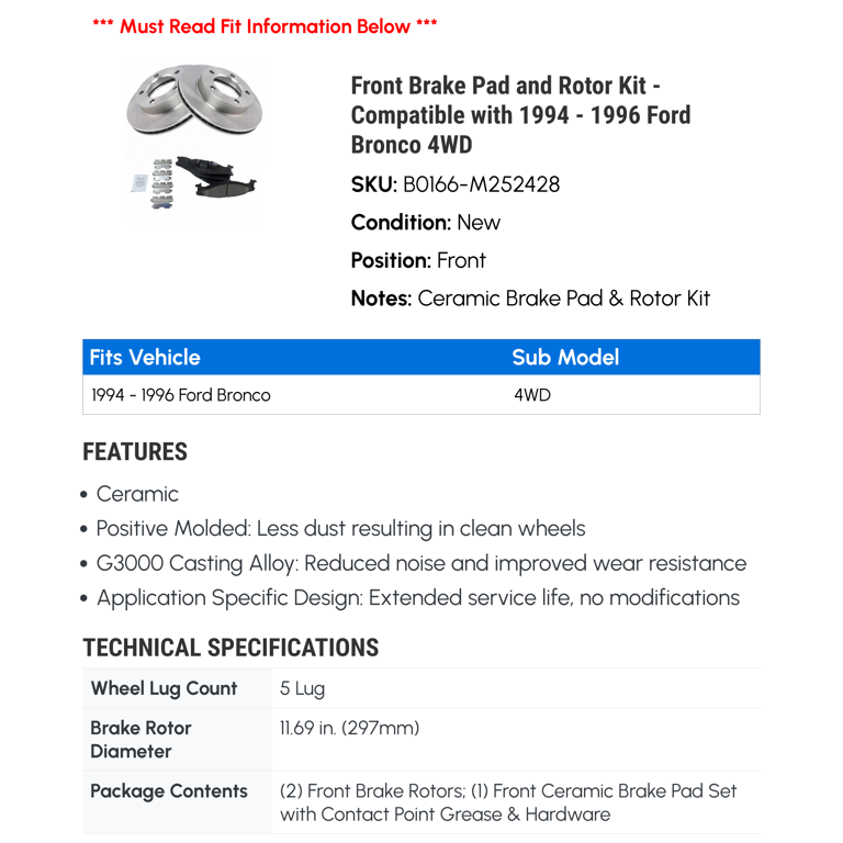 Front Brake Kit With 4WD Disc Rotors & Ceramic Pads For Ford Bronco F-150 1994-1996