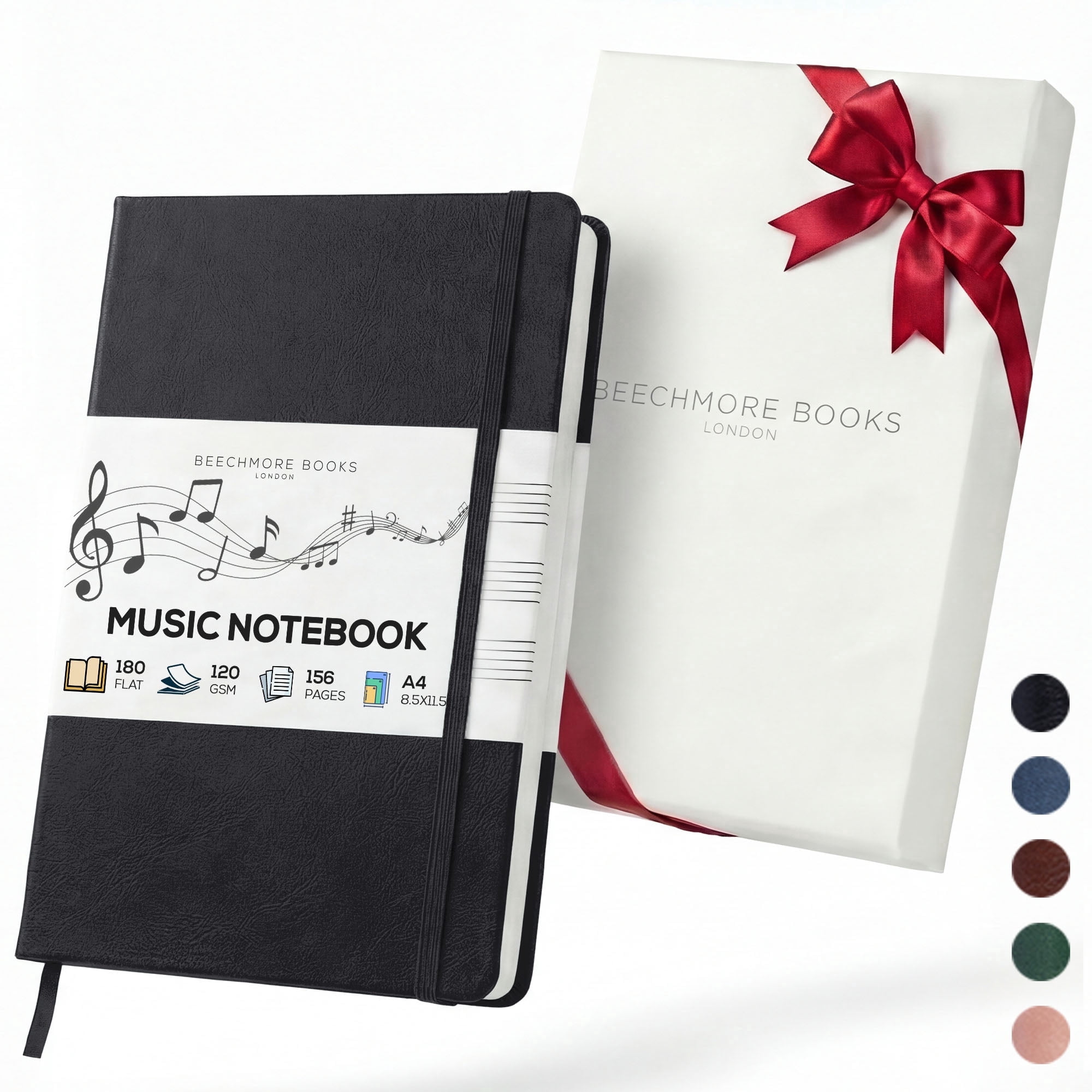 Beechmore Books Blank Sheet Music Notebook – A4 8.5x11.5" for Songwriters, Musicians & Composers, 156 Thick 120gsm Pages, 10-Staff Perforated Sheets, Vegan Leather Hardcover, Elastic Closure, Gift Bo