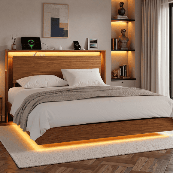Einhomn Queen Size Floating Bed Frame with Wood Storage Headboard, LED Light & Charging Station, Walnut