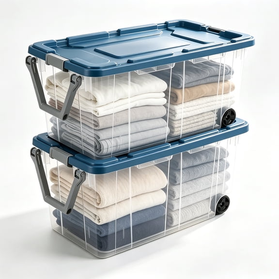 40 Gallon Large Rolling Storage Bin 2 Pack, Clear Latching Lid, Pull Handle, Blue
